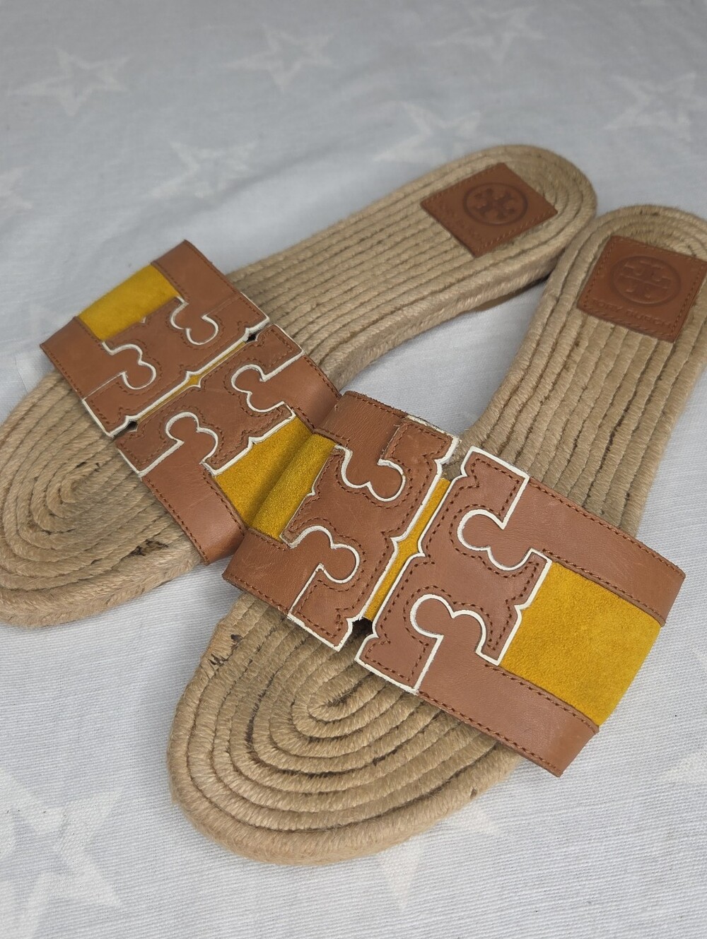 Tory Burch Ines Espadrille Slide Sandals Womens 10M Brown Mustard Yellow